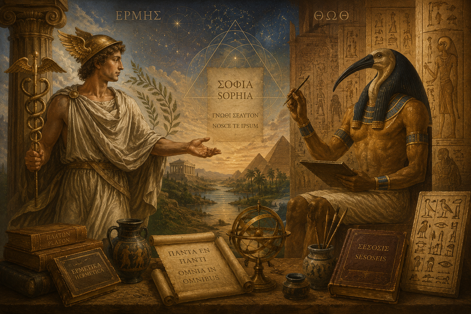 Representação artística de Hermes e Thoth em um cenário que combina elementos da cultura grega e egípcia, com símbolos de escrita, conhecimento, astronomia e arquitetura antiga.