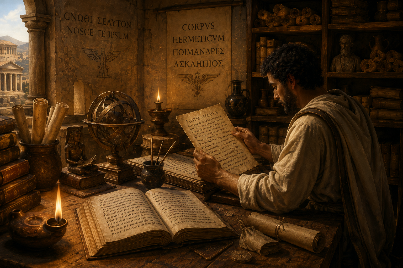 Estudioso antigo lendo um manuscrito em um scriptorium, cercado por rolos, códices, instrumentos astronômicos e textos associados ao Corpus Hermeticum.