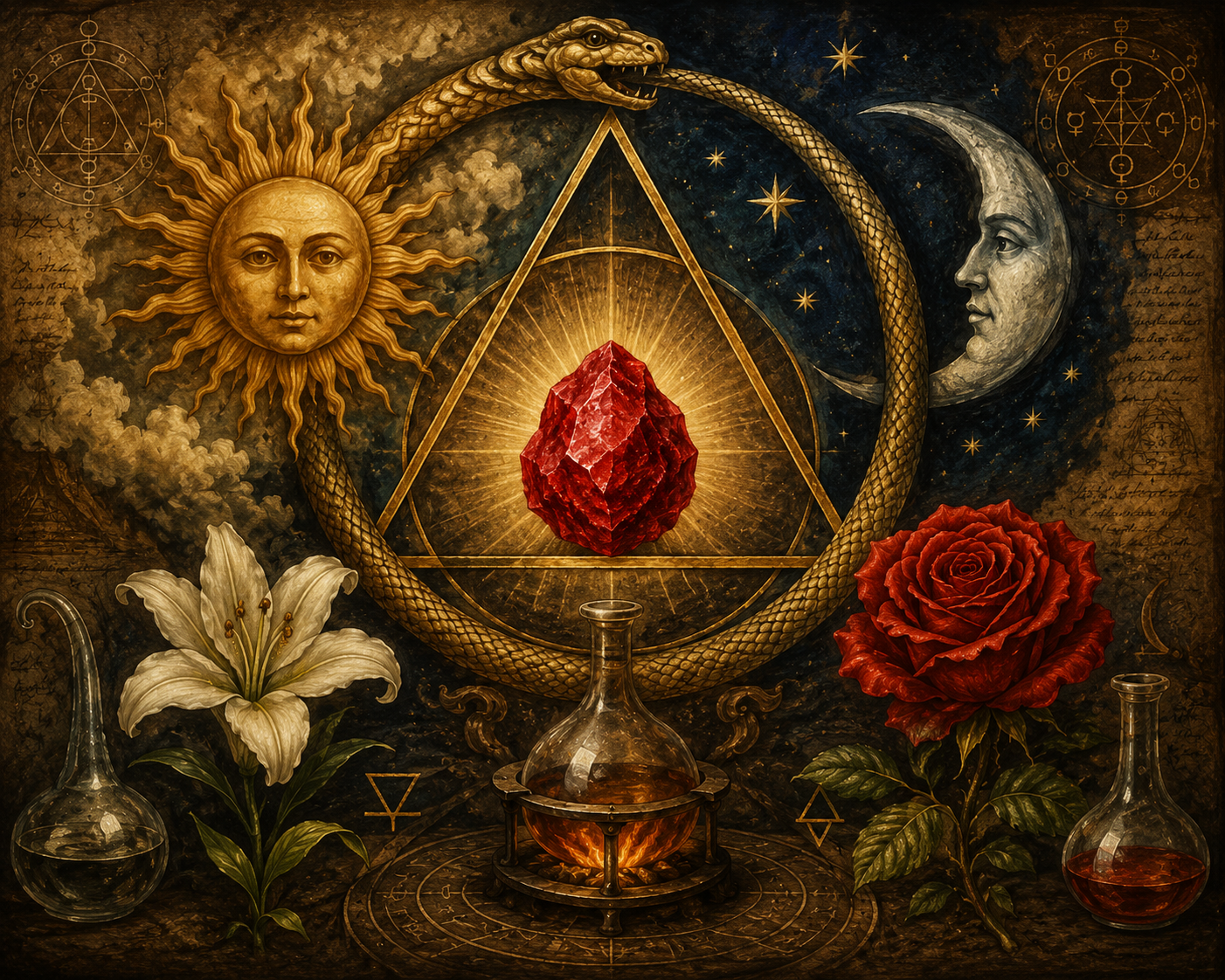 Ilustração alquímica com Pedra Filosofal vermelha ao centro, cercada pelo Ouroboros, Sol e Lua, rosa vermelha, lírio branco e vaso aquecido pelo fogo.