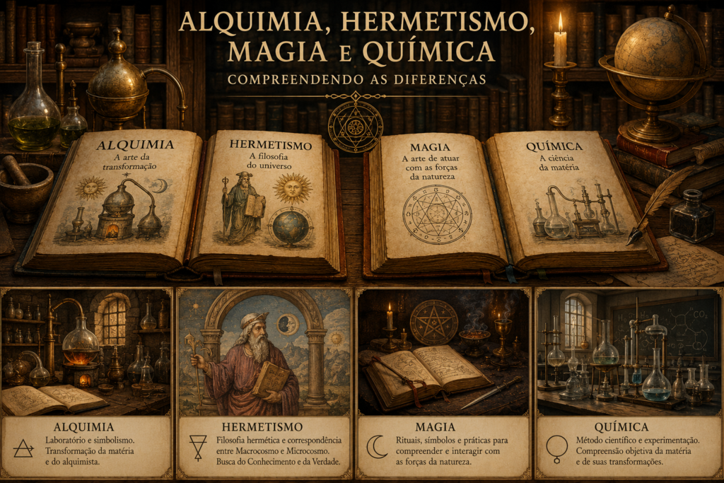 Ilustração em estilo renascentista com quatro livros abertos representando alquimia, hermetismo, magia e química, cercados por instrumentos de laboratório, símbolos e uma biblioteca antiga.