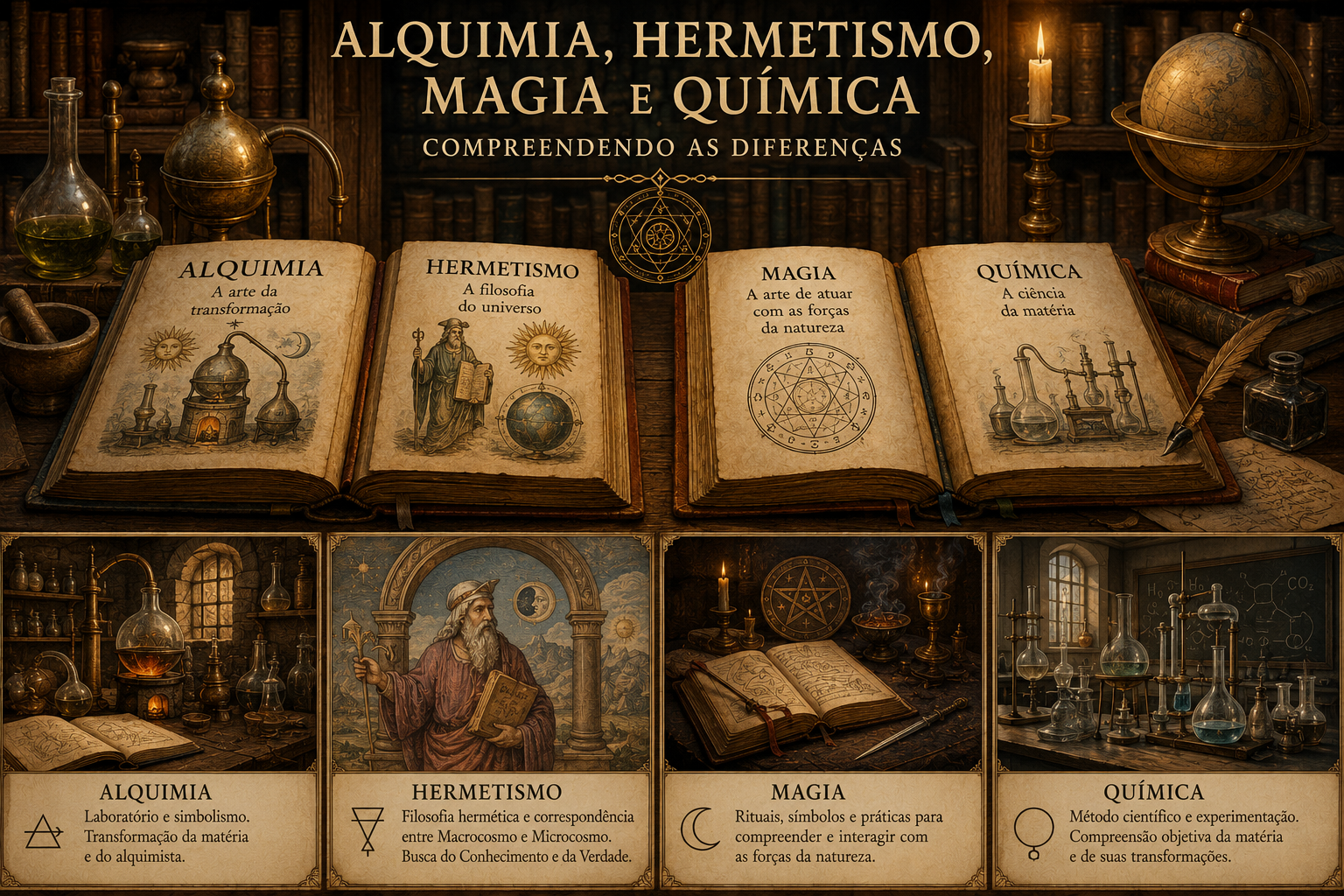 Ilustração em estilo renascentista com quatro livros abertos representando alquimia, hermetismo, magia e química, cercados por instrumentos de laboratório, símbolos e uma biblioteca antiga.