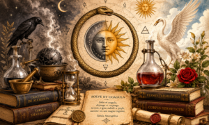 Ilustração em estilo de manuscrito alquímico mostrando o princípio Solve et Coagula, com um vaso alquímico dividido entre dissolução (Solve) e reunião (Coagula), simbolizando o ciclo da transformação na Grande Obra.