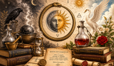 Ilustração em estilo de manuscrito alquímico mostrando o princípio Solve et Coagula, com um vaso alquímico dividido entre dissolução (Solve) e reunião (Coagula), simbolizando o ciclo da transformação na Grande Obra.