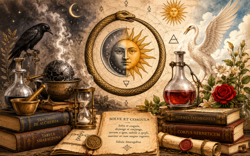 Ilustração em estilo de manuscrito alquímico mostrando o princípio Solve et Coagula, com um vaso alquímico dividido entre dissolução (Solve) e reunião (Coagula), simbolizando o ciclo da transformação na Grande Obra.
