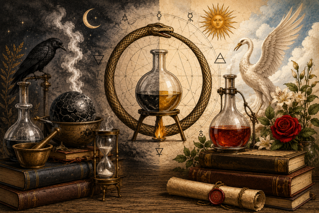 Ilustração em estilo de gravura alquímica mostrando o princípio Solve et Coagula. À esquerda, um corvo, um vaso escurecido e uma esfera em decomposição representam a dissolução; à direita, um cisne, flores e um vaso com líquido vermelho simbolizam a reunificação e a transformação. No centro, um Ouroboros envolve um vaso alquímico, representando o ciclo da Grande Obra.