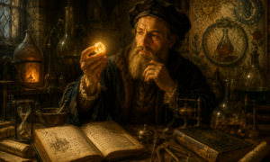 Alquimista em um laboratório medieval observando uma pedra luminosa entre livros, manuscritos, recipientes de vidro e instrumentos alquímicos, representando a busca pela Pedra Filosofal na tradição alquímica.