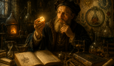 Alquimista em um laboratório medieval observando uma pedra luminosa entre livros, manuscritos, recipientes de vidro e instrumentos alquímicos, representando a busca pela Pedra Filosofal na tradição alquímica.