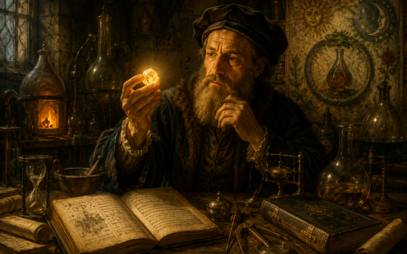Alquimista em um laboratório medieval observando uma pedra luminosa entre livros, manuscritos, recipientes de vidro e instrumentos alquímicos, representando a busca pela Pedra Filosofal na tradição alquímica.