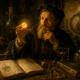 Alquimista em um laboratório medieval observando uma pedra luminosa entre livros, manuscritos, recipientes de vidro e instrumentos alquímicos, representando a busca pela Pedra Filosofal na tradição alquímica.