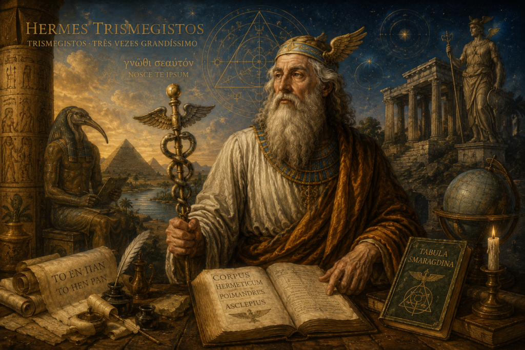 Representação artística de Hermes Trismegisto como um sábio antigo, cercado por símbolos egípcios, gregos, manuscritos, instrumentos e imagens relacionadas ao conhecimento hermético.