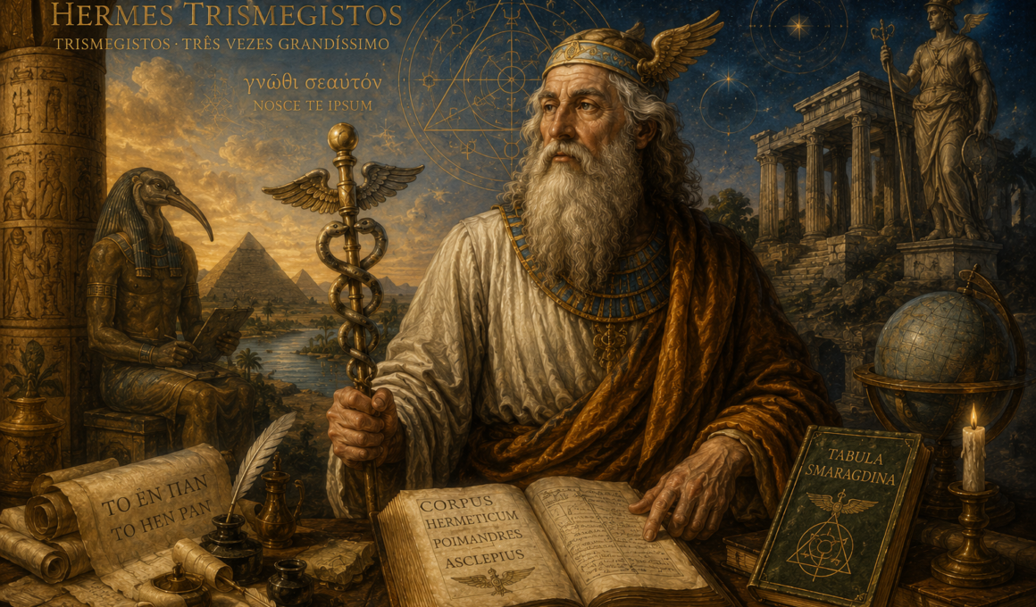 Representação artística de Hermes Trismegisto como um sábio antigo, cercado por símbolos egípcios, gregos, manuscritos, instrumentos e imagens relacionadas ao conhecimento hermético.