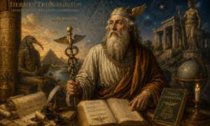 Representação artística de Hermes Trismegisto como um sábio antigo, cercado por símbolos egípcios, gregos, manuscritos, instrumentos e imagens relacionadas ao conhecimento hermético.