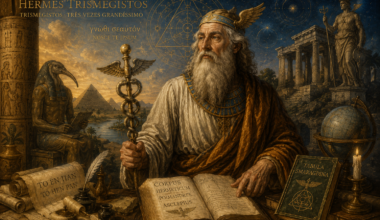 Representação artística de Hermes Trismegisto como um sábio antigo, cercado por símbolos egípcios, gregos, manuscritos, instrumentos e imagens relacionadas ao conhecimento hermético.