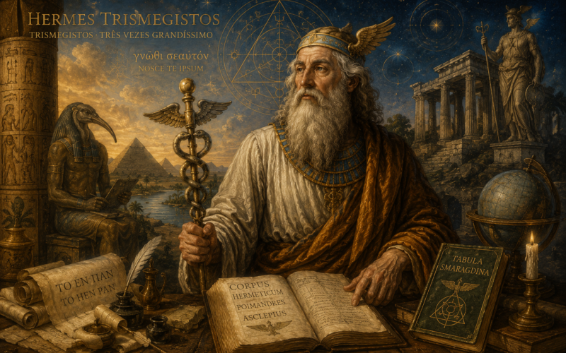 Representação artística de Hermes Trismegisto como um sábio antigo, cercado por símbolos egípcios, gregos, manuscritos, instrumentos e imagens relacionadas ao conhecimento hermético.