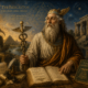 Representação artística de Hermes Trismegisto como um sábio antigo, cercado por símbolos egípcios, gregos, manuscritos, instrumentos e imagens relacionadas ao conhecimento hermético.
