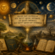 Representação simbólica da Tábua de Esmeralda mostrando o céu estrelado acima e a Terra abaixo, com Sol, Lua, Hermes Trismegisto, manuscritos e instrumentos alquímicos.
