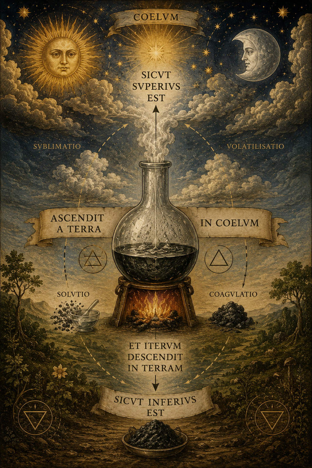 Ilustração alquímica mostrando um vaso no centro, com vapor subindo da Terra em direção ao Céu e depois retornando à Terra, acompanhado pelo Sol, pela Lua e por símbolos alquímicos.