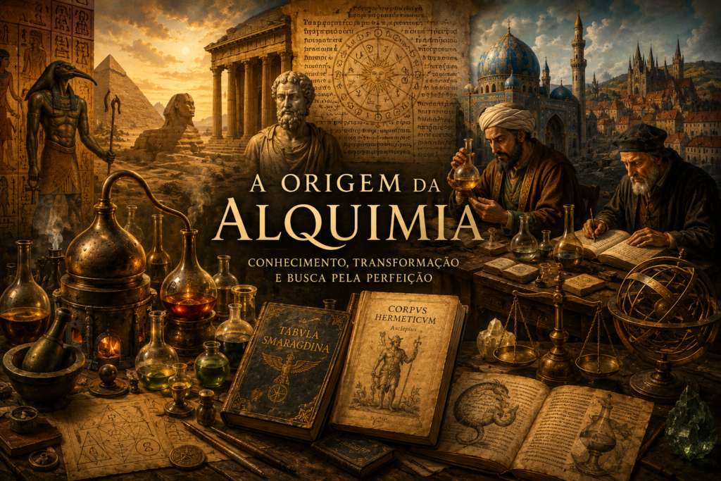 Representação artística das origens da alquimia no Egito greco-romano, com elementos egípcios, gregos, manuscritos e instrumentos de transformação da matéria.