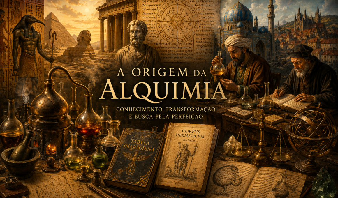 Representação artística das origens da alquimia no Egito greco-romano, com elementos egípcios, gregos, manuscritos e instrumentos de transformação da matéria.
