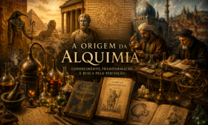 Representação artística das origens da alquimia no Egito greco-romano, com elementos egípcios, gregos, manuscritos e instrumentos de transformação da matéria.