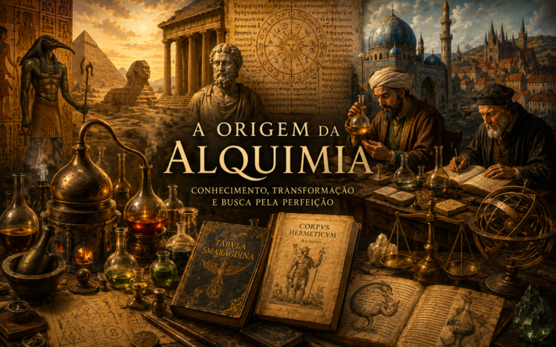 Representação artística das origens da alquimia no Egito greco-romano, com elementos egípcios, gregos, manuscritos e instrumentos de transformação da matéria.