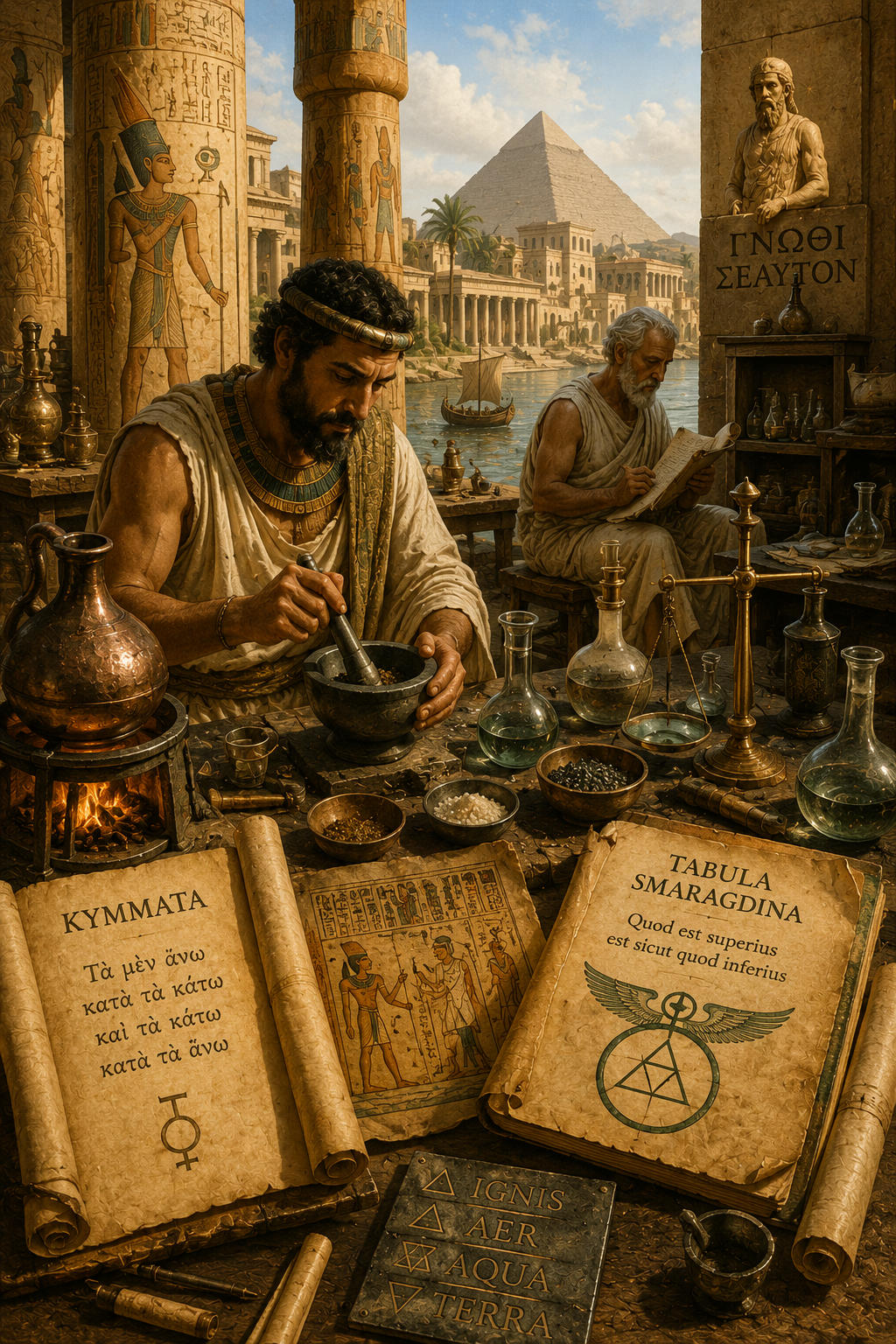 Representação artística de um ambiente alquímico no Egito greco-romano, com instrumentos, manuscritos, metais e elementos da cultura egípcia e grega.