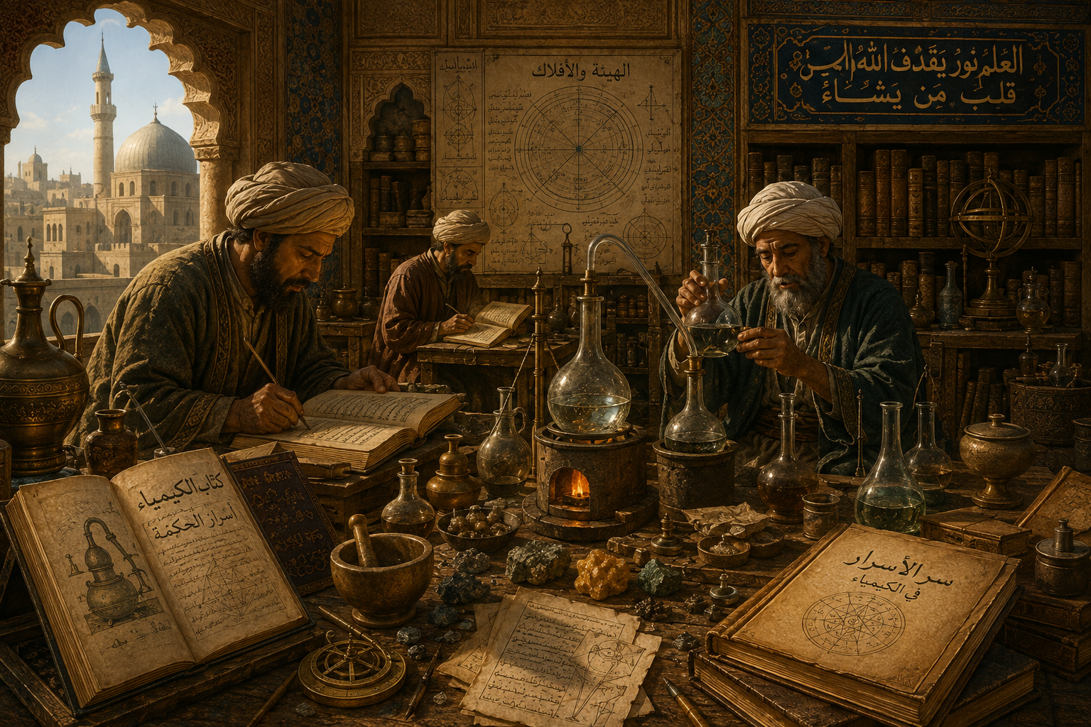 O mundo islâmico medieval foi um importante centro de transmissão, desenvolvimento e estudo da alquimia, reunindo manuscritos, práticas laboratoriais e conhecimentos sobre a matéria.
