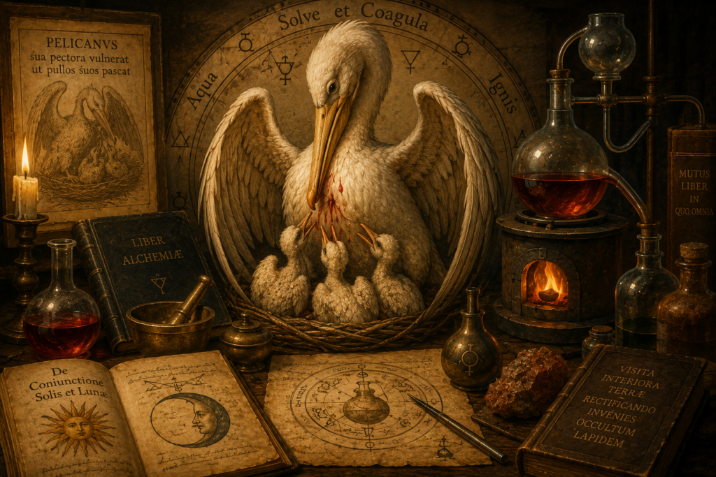 Representação simbólica do pelicano na alquimia, acompanhado por filhotes, vasos alquímicos, fogo e manuscritos antigos.