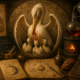 Representação simbólica do pelicano na alquimia, acompanhado por filhotes, vasos alquímicos, fogo e manuscritos antigos.