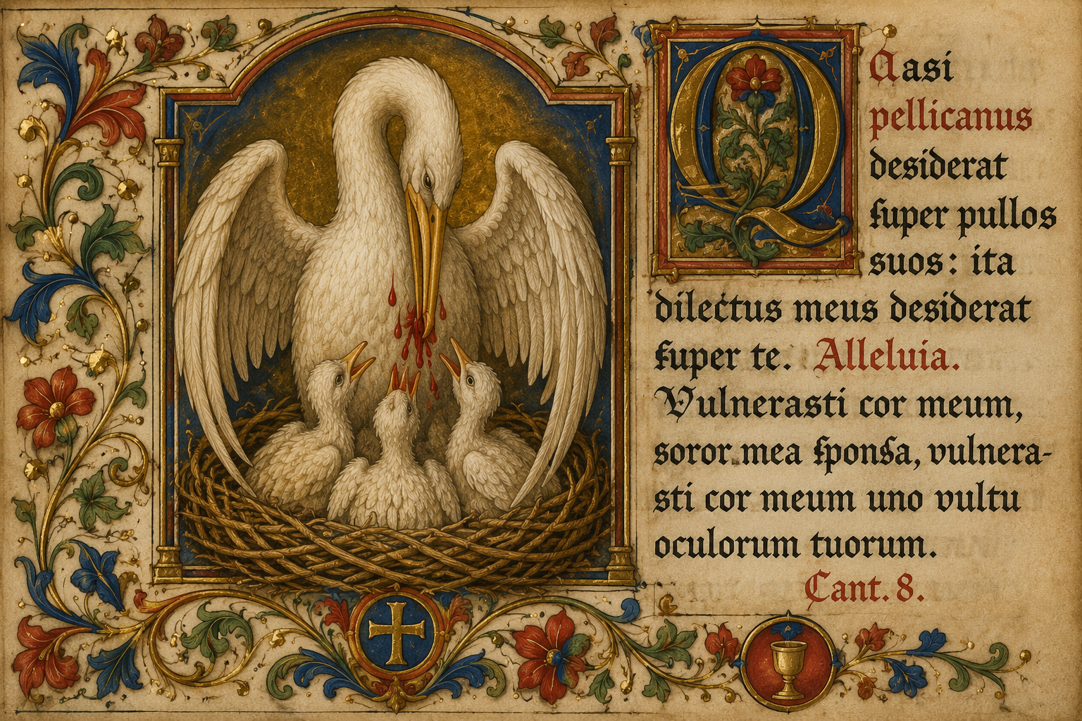 Representação artística medieval de um pelicano alimentando seus filhotes, símbolo tradicional de sacrifício e nutrição.