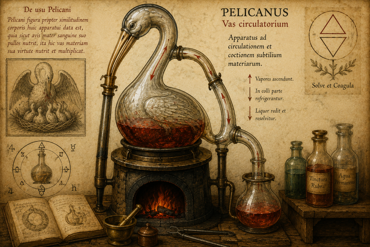 Ilustração de um pelicano alquímico, recipiente de vidro aquecido por um forno e utilizado para representar a circulação de substâncias.