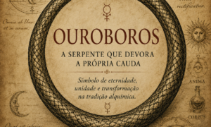 Ouroboros, serpente que morde a própria cauda, representado em uma composição inspirada na iconografia alquímica.