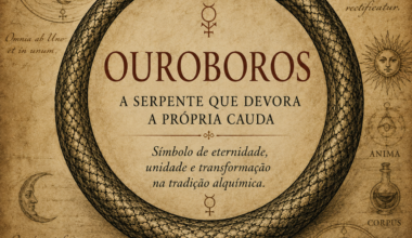 Ouroboros, serpente que morde a própria cauda, representado em uma composição inspirada na iconografia alquímica.
