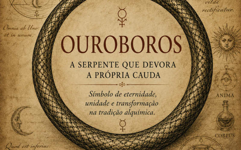 Ouroboros, serpente que morde a própria cauda, representado em uma composição inspirada na iconografia alquímica.