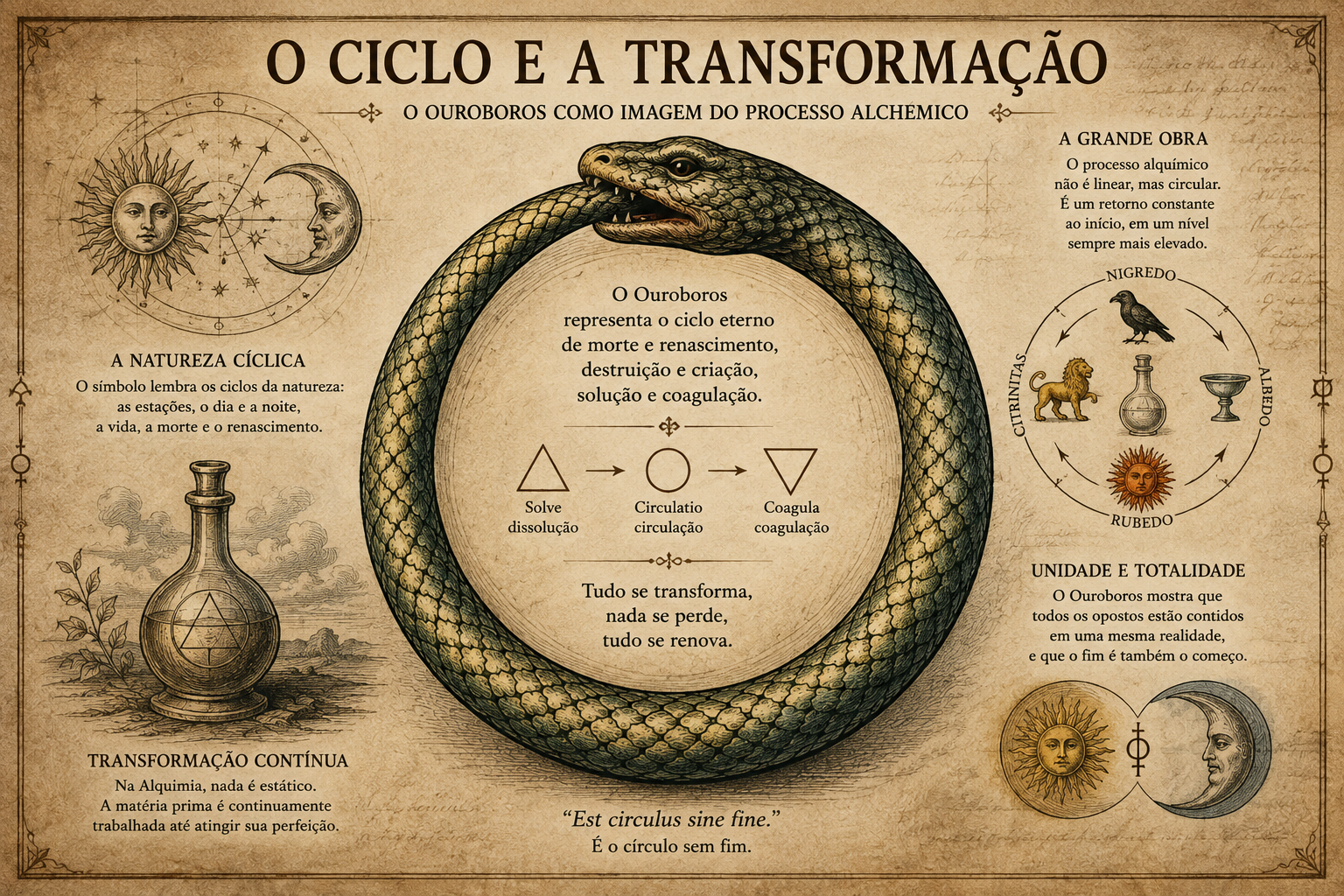Ouroboros formando um círculo em uma composição alquímica sobre ciclos, transformação, dissolução e coagulação.