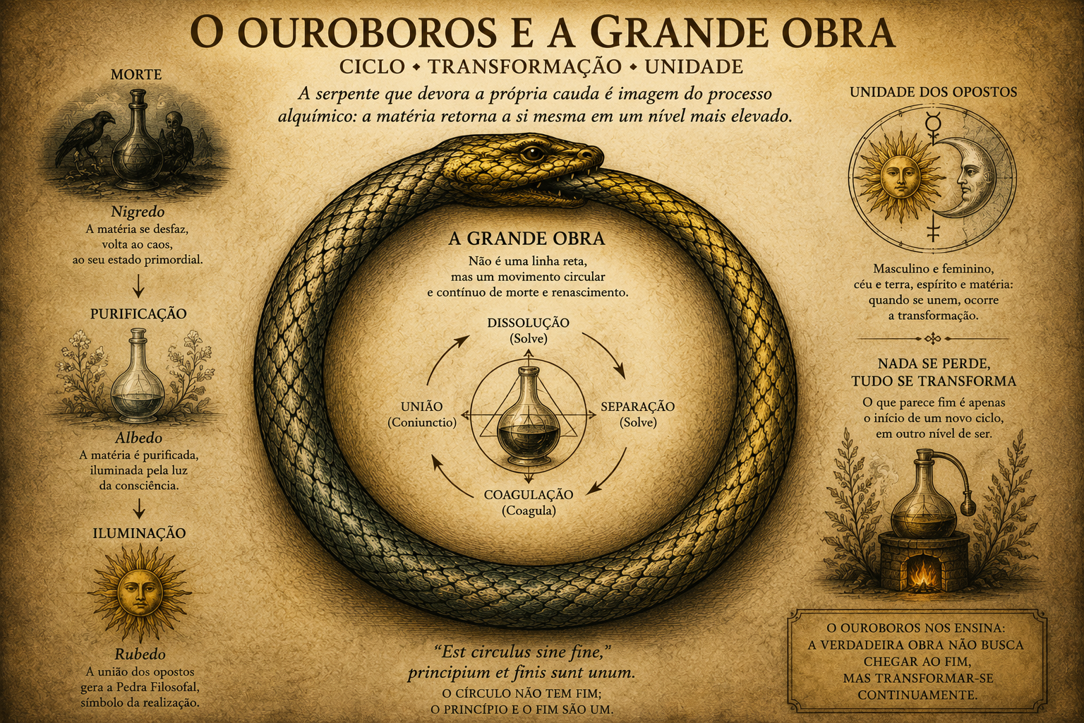 Ouroboros envolvendo um diagrama alquímico da Grande Obra, com etapas de dissolução, separação, coagulação e união.