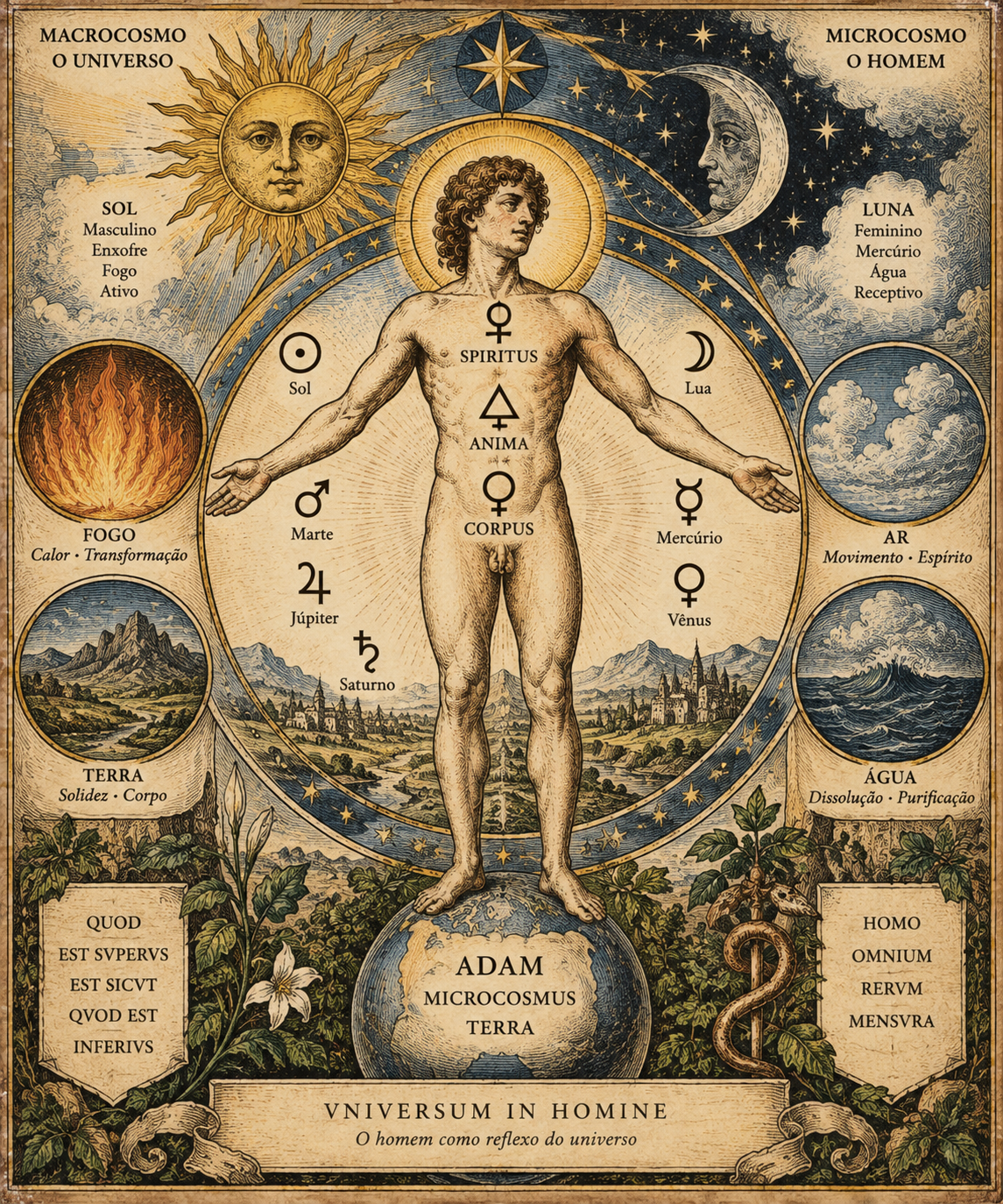 Adão como microcosmo na tradição alquímica e cabalística, relacionado ao Sol, Lua, planetas e aos quatro elementos