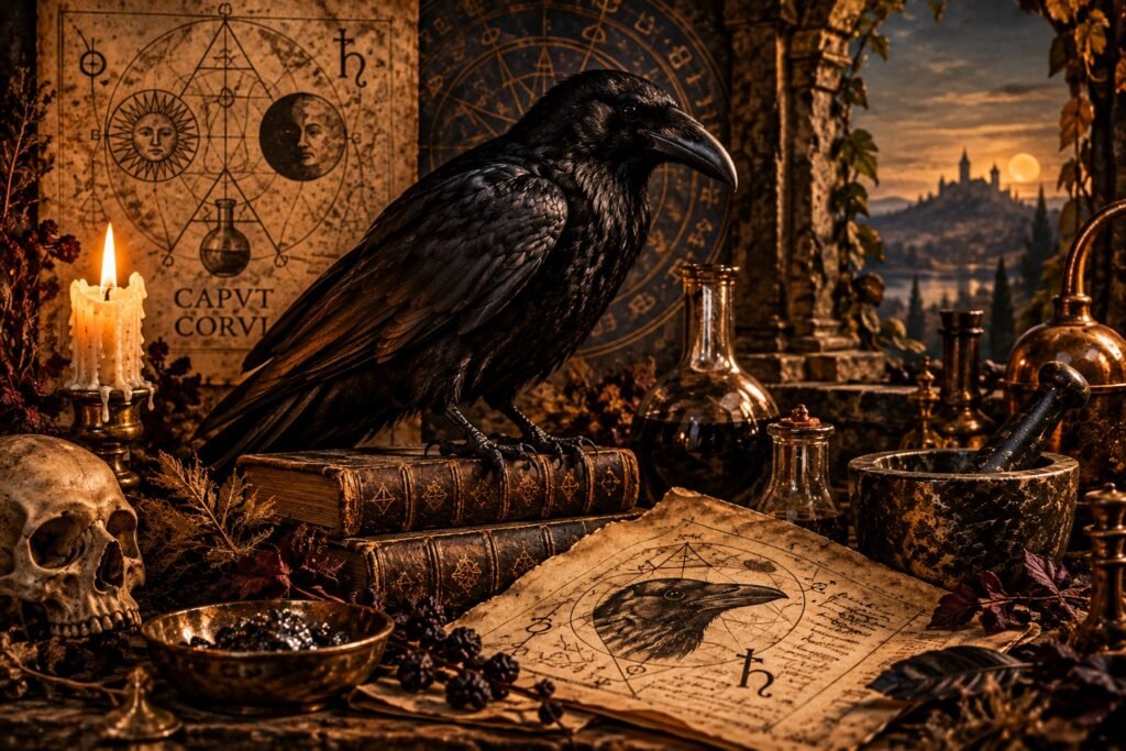 Corvo negro sobre um manuscrito alquímico com símbolos do Nigredo.