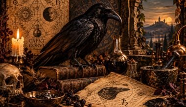 Corvo negro sobre um manuscrito alquímico com símbolos do Nigredo.