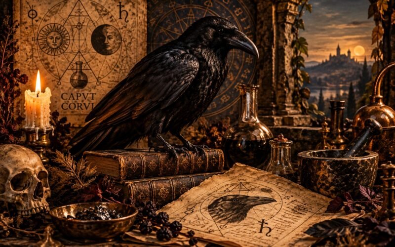 Corvo negro sobre um manuscrito alquímico com símbolos do Nigredo.