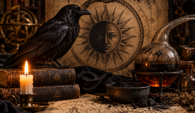 Nigredo na Alquimia representada por um corvo negro, o Sol Negro e instrumentos alquímicos em um laboratório antigo