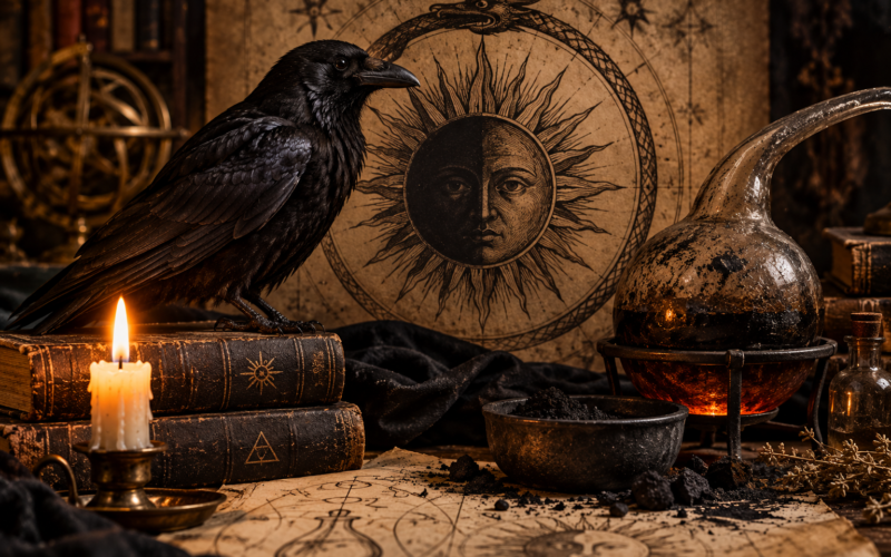 Nigredo na Alquimia representada por um corvo negro, o Sol Negro e instrumentos alquímicos em um laboratório antigo