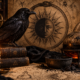 Nigredo na Alquimia representada por um corvo negro, o Sol Negro e instrumentos alquímicos em um laboratório antigo