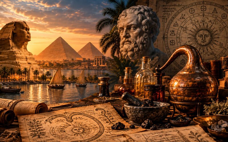 Representação da origem da Alquimia com o Egito antigo, pirâmides, rio Nilo, manuscritos, instrumentos alquímicos e referências ao mundo greco-romano