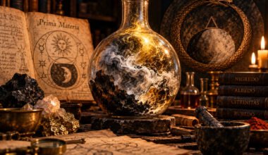 Prima Materia na Alquimia representada por uma matéria primordial em transformação dentro de um recipiente alquímico