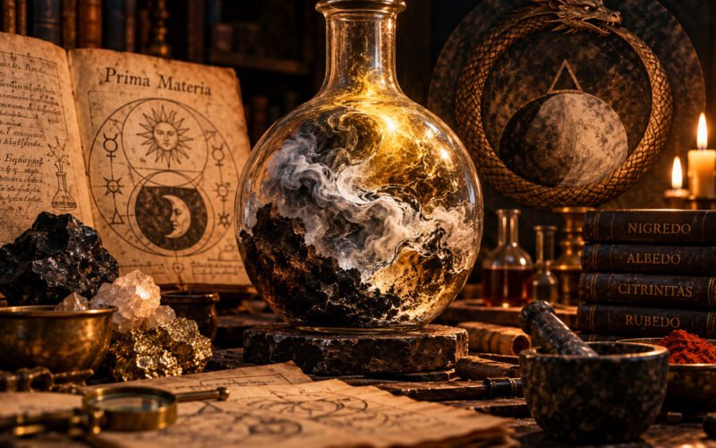 Prima Materia na Alquimia representada por uma matéria primordial em transformação dentro de um recipiente alquímico
