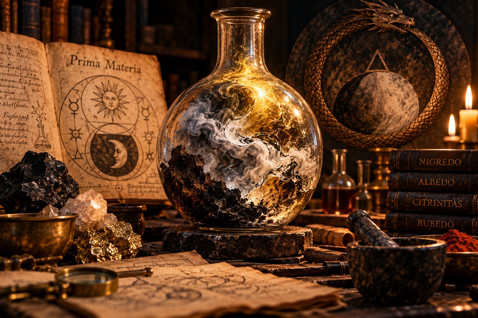Prima Materia na Alquimia representada por uma matéria primordial em transformação dentro de um recipiente alquímico